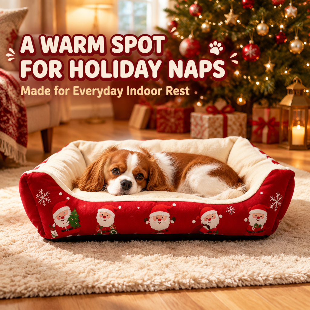 Santa Print Christmas Pet Bed, Warm Plush Enclosed Dog Sofa Bed