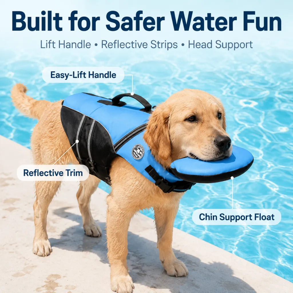 Dog Life Jacket with Chin Float, Reflective Pet Swimming Safety Vest with Lift Handle for Pool Beach