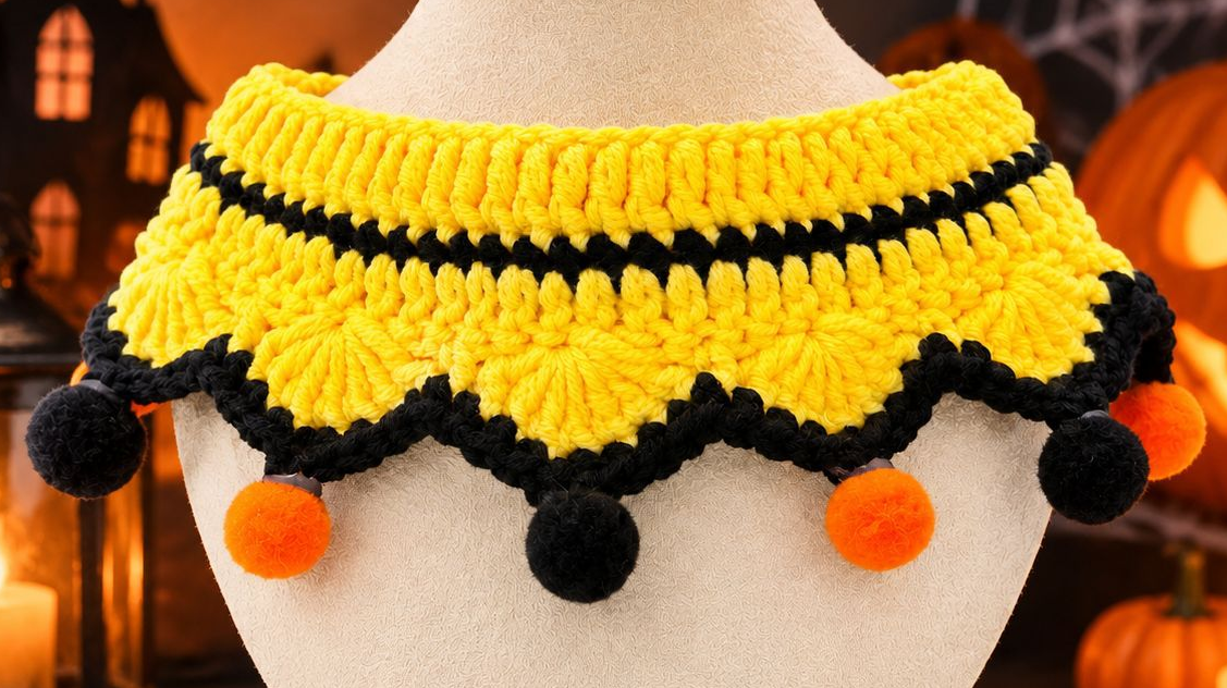 Collier de cou fait main au crochet pour animaux, costume d’Halloween à personnage effrayant avec pompons pour chats et petits chiens
