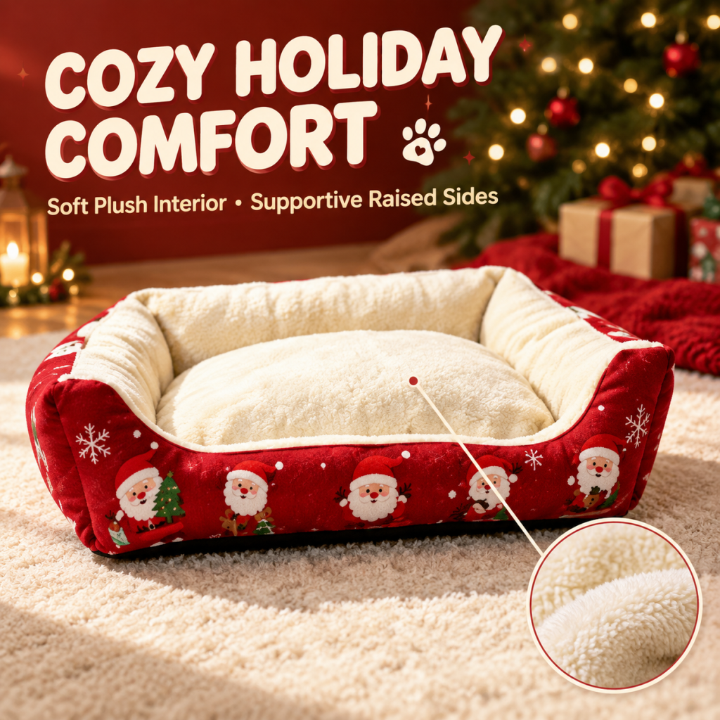 Santa Print Christmas Pet Bed, Warm Plush Enclosed Dog Sofa Bed