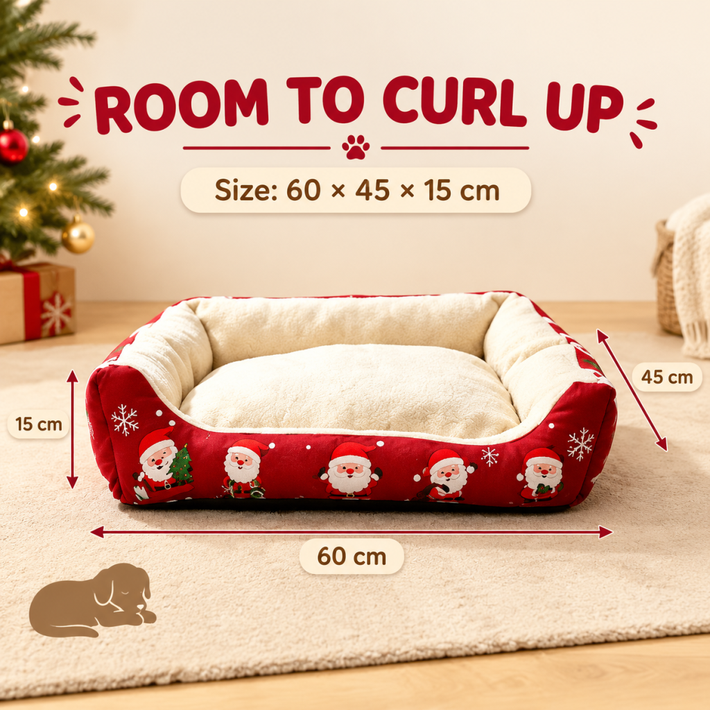Lit pour animal de Noël imprimé Père Noël, canapé-lit douillet et fermé en peluche pour chien