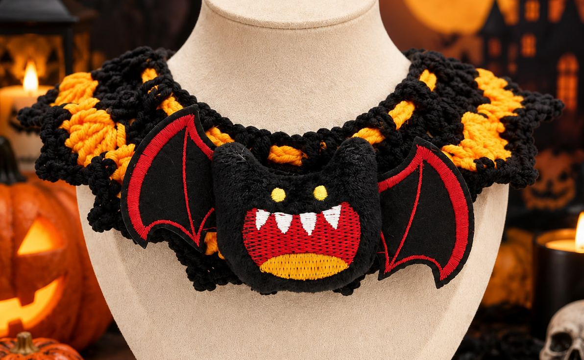 Collier de cou fait main au crochet pour animaux, costume d’Halloween à personnage effrayant avec pompons pour chats et petits chiens