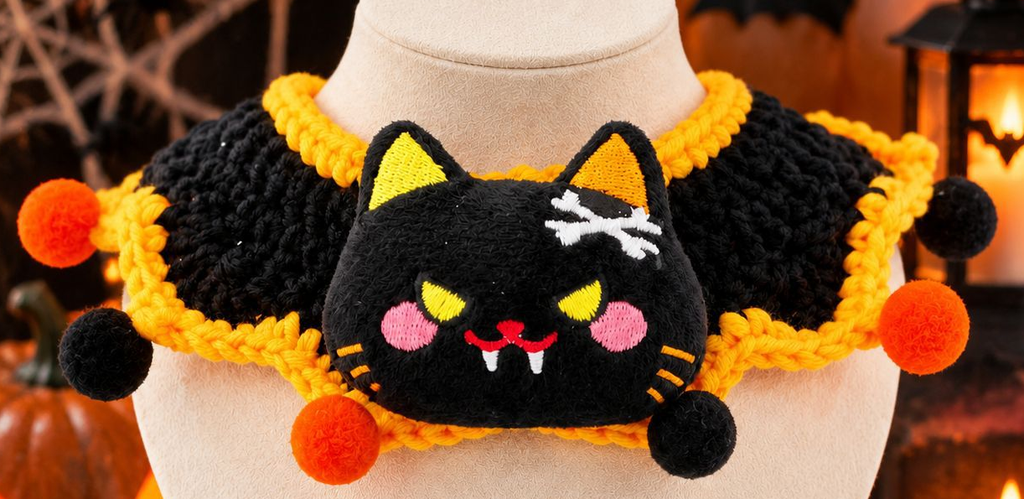Halloween Hand Crocheted Pet Neck Collar, Spooky Character Pet Costume with Pom Pom Decor for Cats & Small Dogs