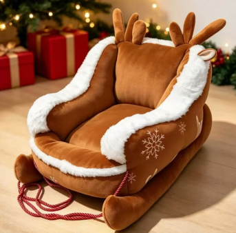 Christmas Sleigh Pet Bed, Festive Sled Shaped Dog Cat Bed with Fleece Trim, Holiday Snowflake Pet Sofa with Pull Rope, All Season Pet Couch for Small Medium Pets