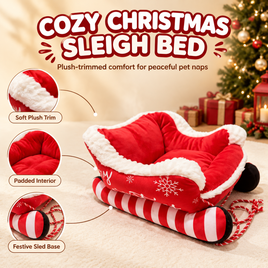 Christmas Sleigh Pet Bed, Festive Sled Shaped Dog Cat Bed with Fleece Trim, Holiday Snowflake Pet Sofa with Pull Rope, All Season Pet Couch for Small Medium Pets
