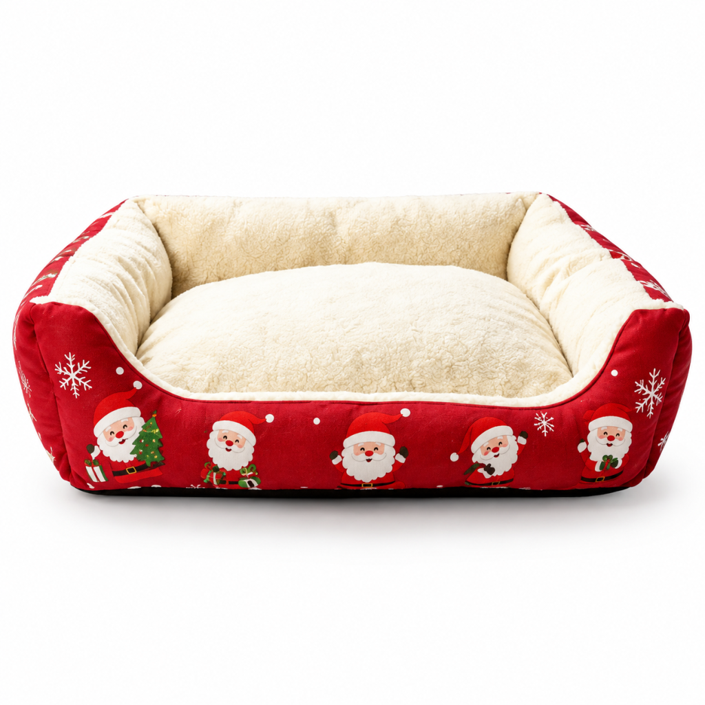 Lit pour animal de Noël imprimé Père Noël, canapé-lit douillet et fermé en peluche pour chien