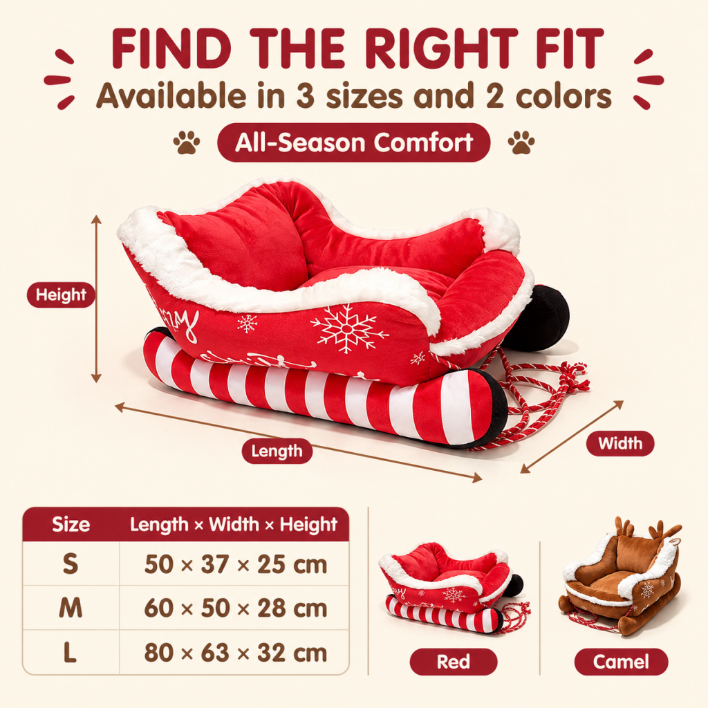 Christmas Sleigh Pet Bed, Festive Sled Shaped Dog Cat Bed with Fleece Trim, Holiday Snowflake Pet Sofa with Pull Rope, All Season Pet Couch for Small Medium Pets