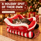 Christmas Sleigh Pet Bed, Festive Sled Shaped Dog Cat Bed with Fleece Trim, Holiday Snowflake Pet Sofa with Pull Rope, All Season Pet Couch for Small Medium Pets