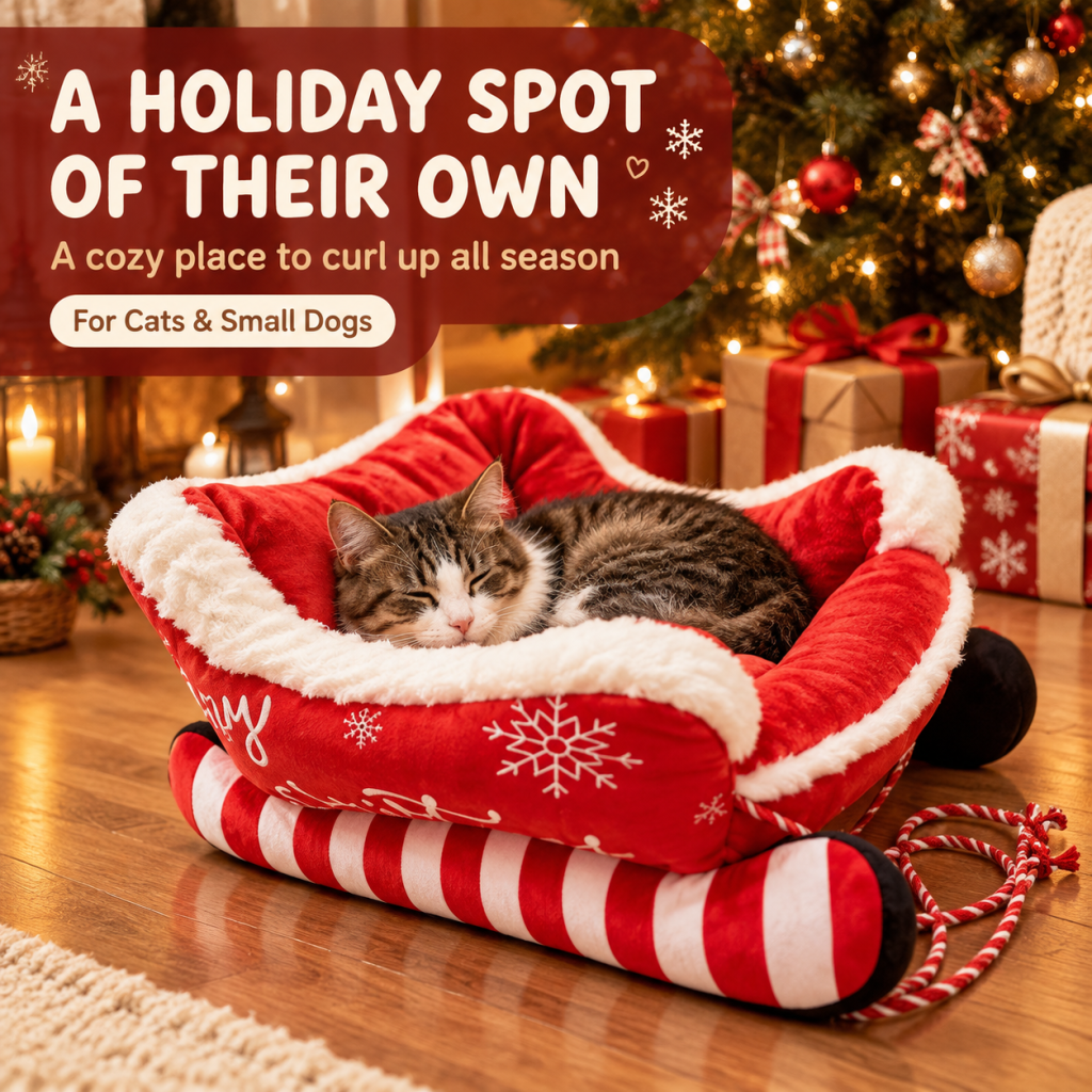 Christmas Sleigh Pet Bed, Festive Sled Shaped Dog Cat Bed with Fleece Trim, Holiday Snowflake Pet Sofa with Pull Rope, All Season Pet Couch for Small Medium Pets