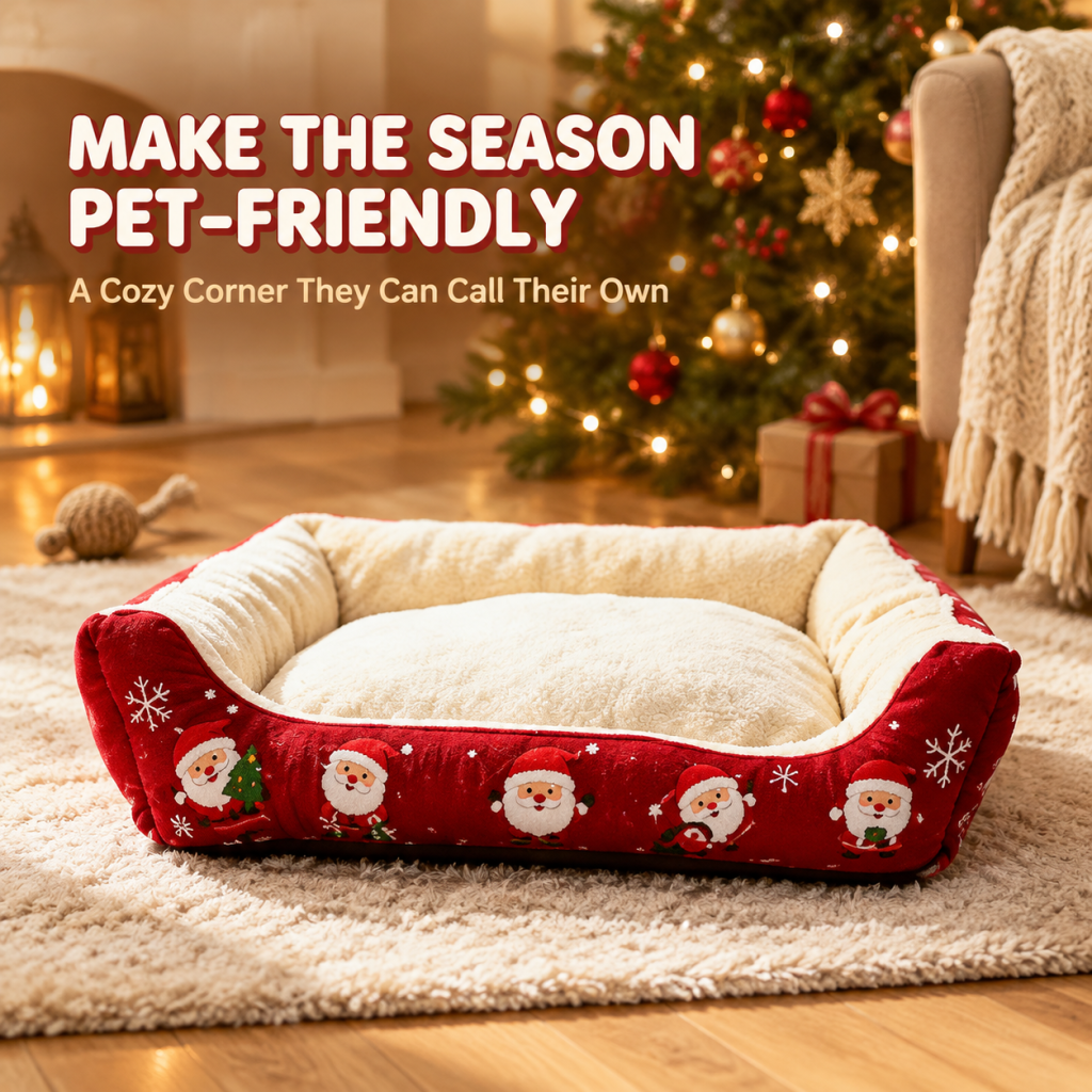 Lit pour animal de Noël imprimé Père Noël, canapé-lit douillet et fermé en peluche pour chien