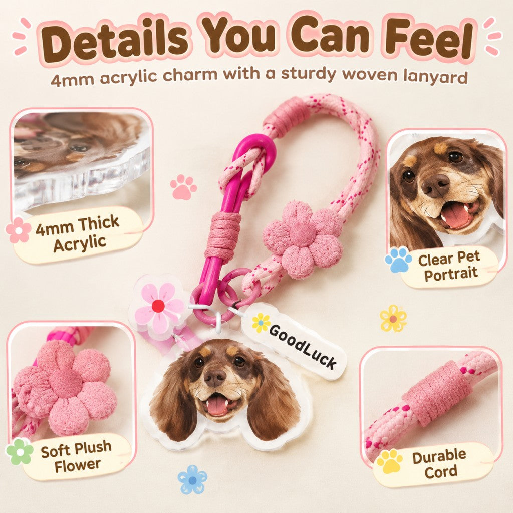 Personalized Dog Portrait Key Holder, Cute Floral Woven Rope Keychain