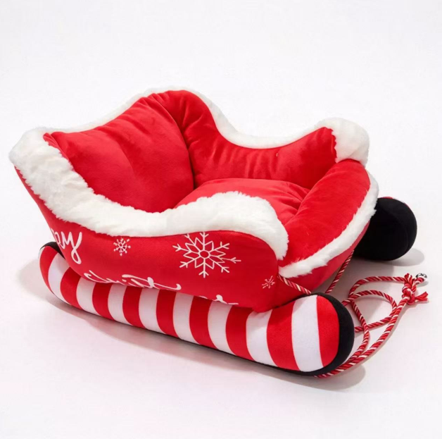 Christmas Sleigh Pet Bed, Festive Sled Shaped Dog Cat Bed with Fleece Trim, Holiday Snowflake Pet Sofa with Pull Rope, All Season Pet Couch for Small Medium Pets