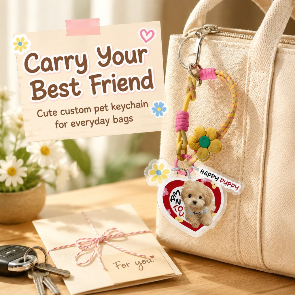 Personalized Dog Portrait Key Holder, Cute Floral Woven Rope Keychain