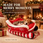 Christmas Sleigh Pet Bed, Festive Sled Shaped Dog Cat Bed with Fleece Trim, Holiday Snowflake Pet Sofa with Pull Rope, All Season Pet Couch for Small Medium Pets
