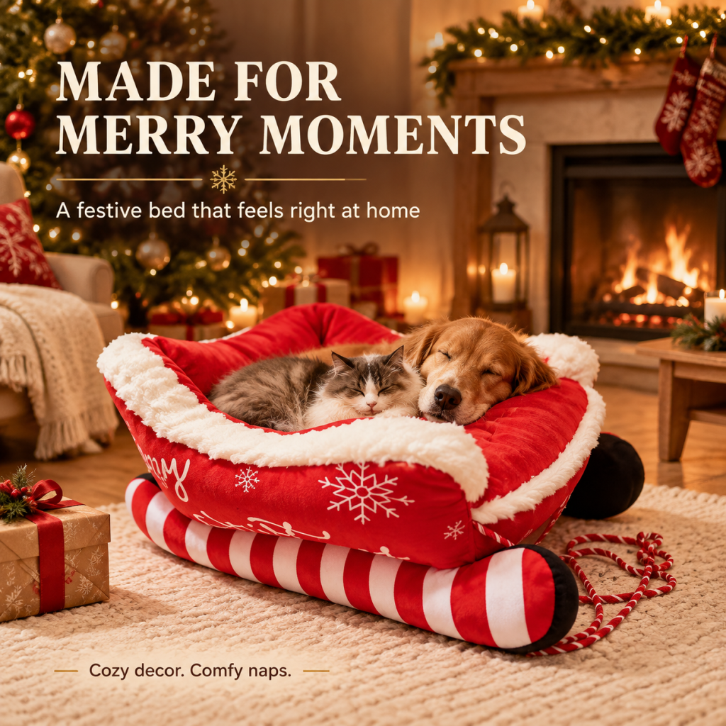 Christmas Sleigh Pet Bed, Festive Sled Shaped Dog Cat Bed with Fleece Trim, Holiday Snowflake Pet Sofa with Pull Rope, All Season Pet Couch for Small Medium Pets