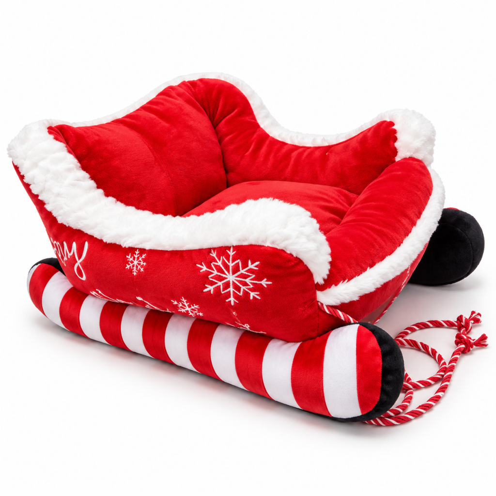 Christmas Sleigh Pet Bed, Festive Sled Shaped Dog Cat Bed with Fleece Trim, Holiday Snowflake Pet Sofa with Pull Rope, All Season Pet Couch for Small Medium Pets