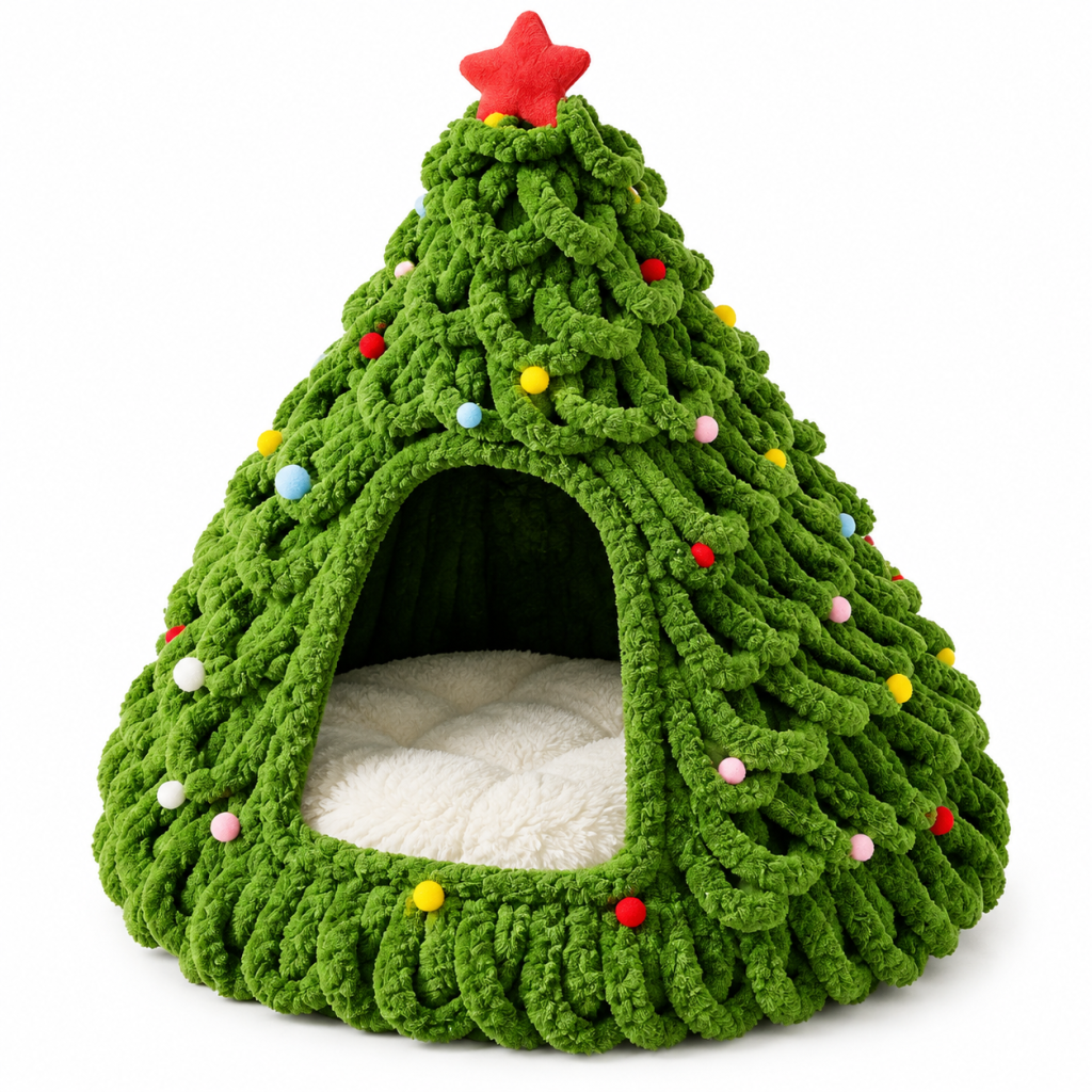 Festive Christmas Tree Cat Cave Bed, Knitted Plush Cat Nest with Pom Pom & Star Decoration