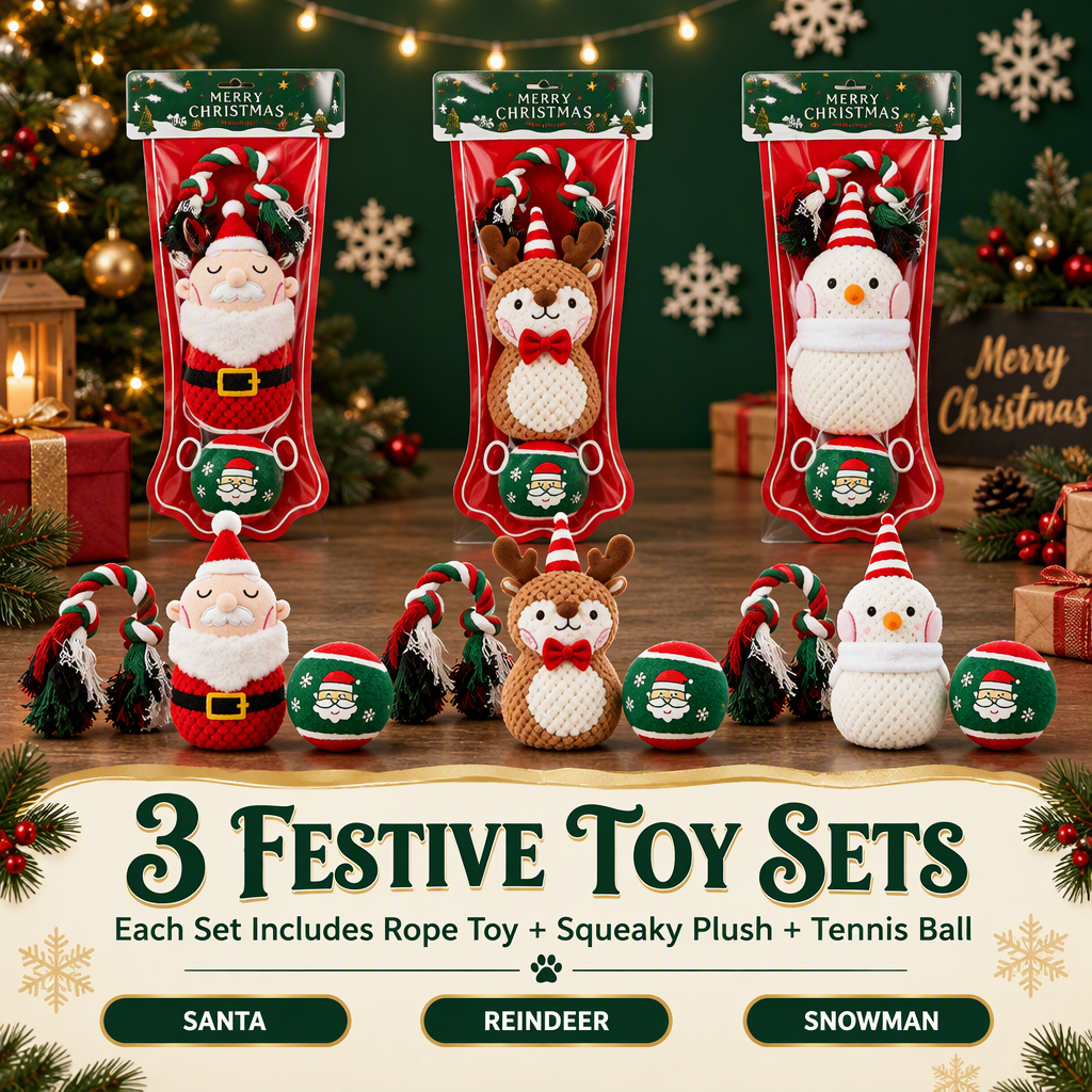 Festive Christmas Dog Toy Bundles, 3 Separate Sets of Santa, Reindeer & Snowman, Each Includes Rope, Squeaky Plush & Tennis Ball
