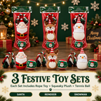 Festive Christmas Dog Toy Bundles, 3 Separate Sets of Santa, Reindeer & Snowman, Each Includes Rope, Squeaky Plush & Tennis Ball
