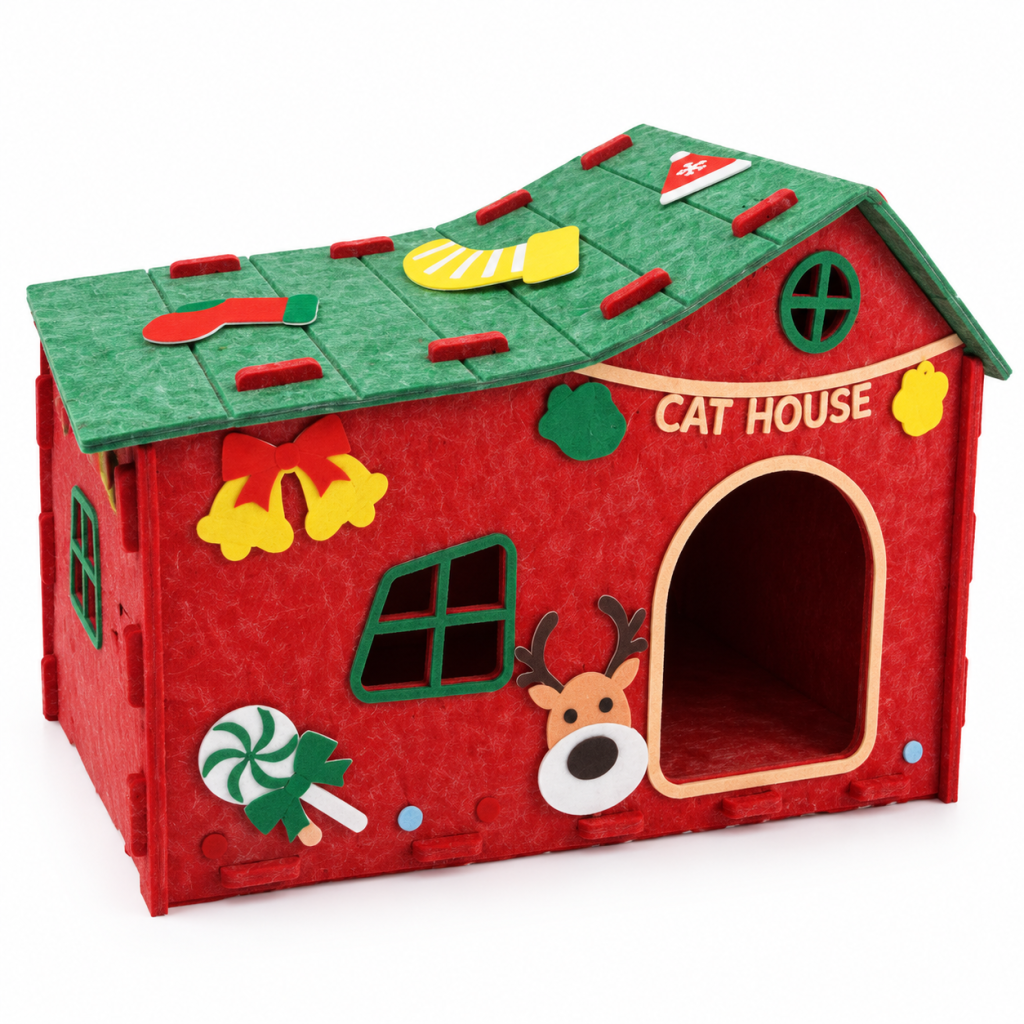 Maison de Noël en feutrine pour chat, abri d’intérieur à assembler avec de jolies décorations de Noël