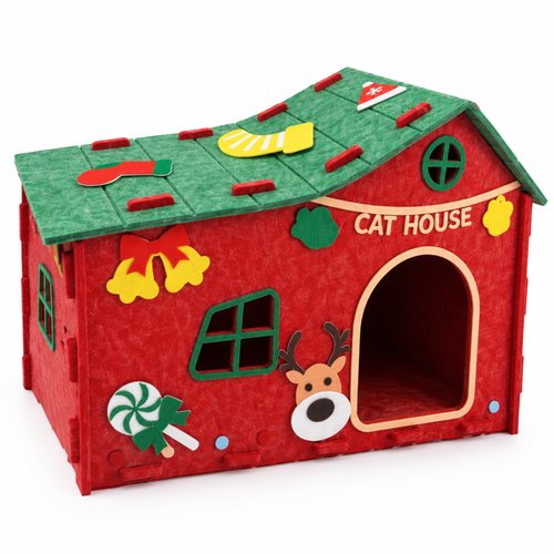 Christmas Felt Cat House, Assembleable Indoor Cat Shelter with Cute Xmas Decorations
