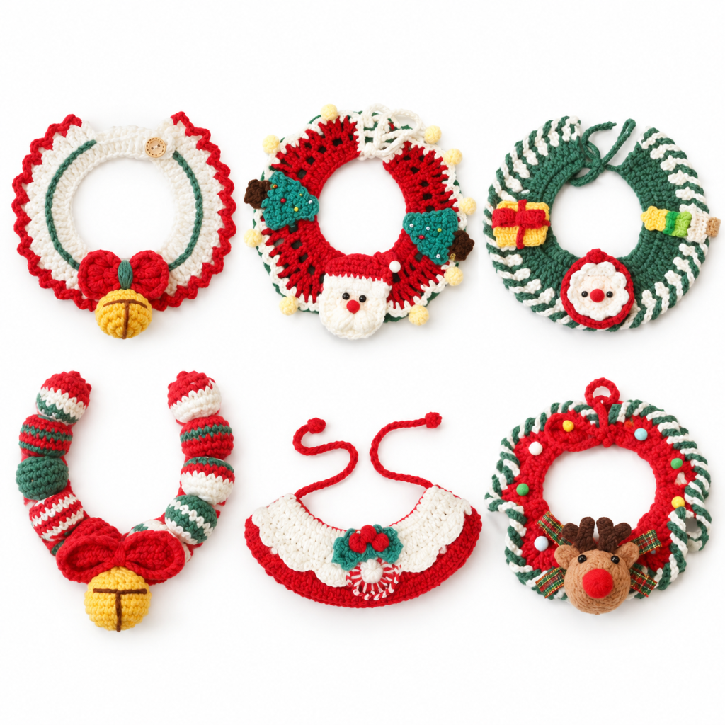 6 Styles Hand Crocheted Christmas Pet Collar, Adjustable Knit Holiday Neckwear for Cats & Dogs