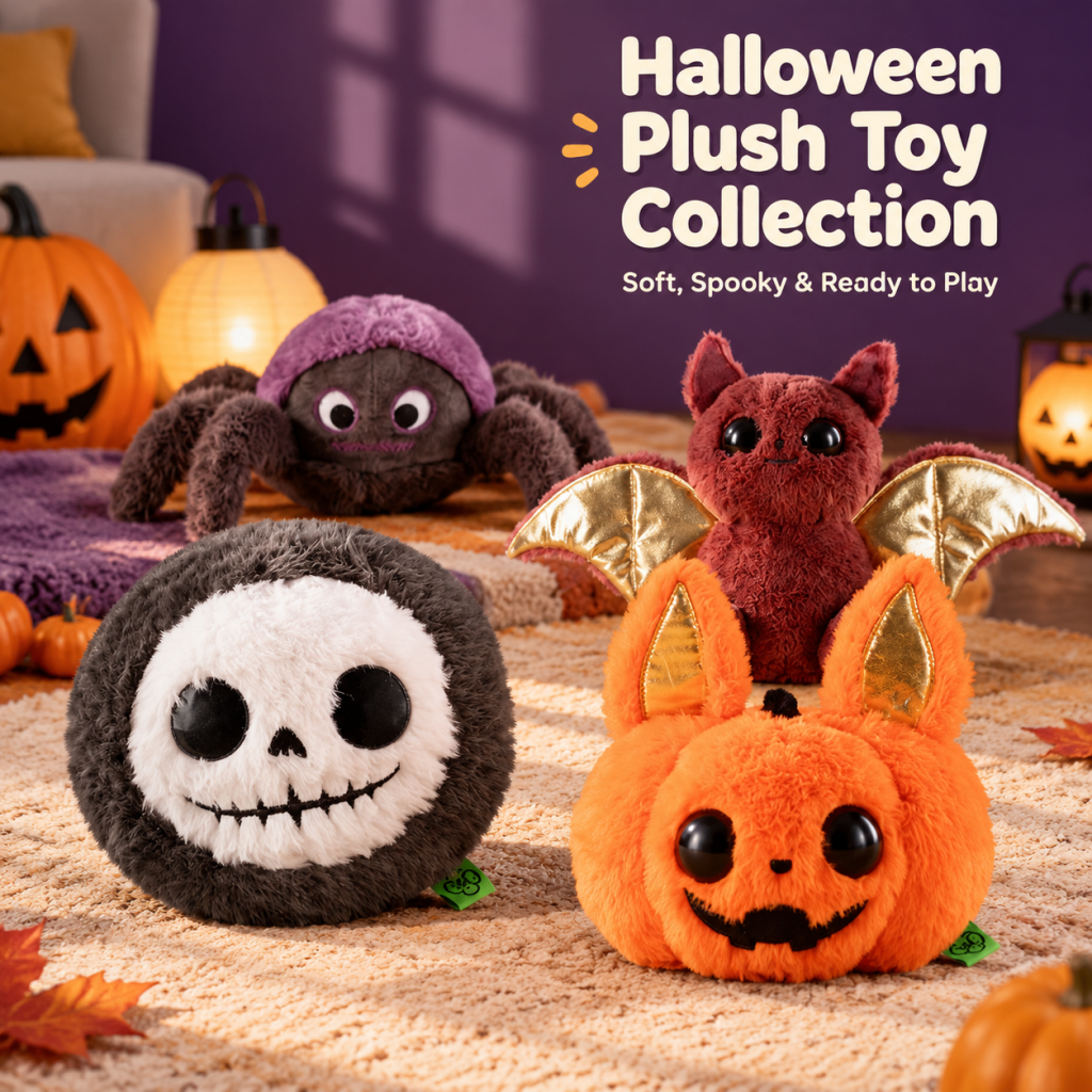 Halloween Plush Squeaky Dog Toy Set, 4 Pack Cute Character Pet Chew Toys - Skull, Spider, Pumpkin Bunny & Bat