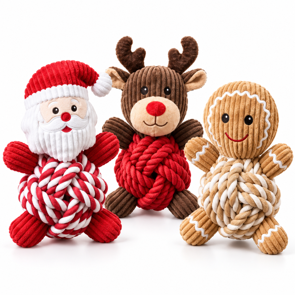 Christmas Knotted Rope Plush Dog Toy Set, 3 Pack Squeaky Corduroy Pet Chew Toys, Santa, Reindeer & Gingerbread Man