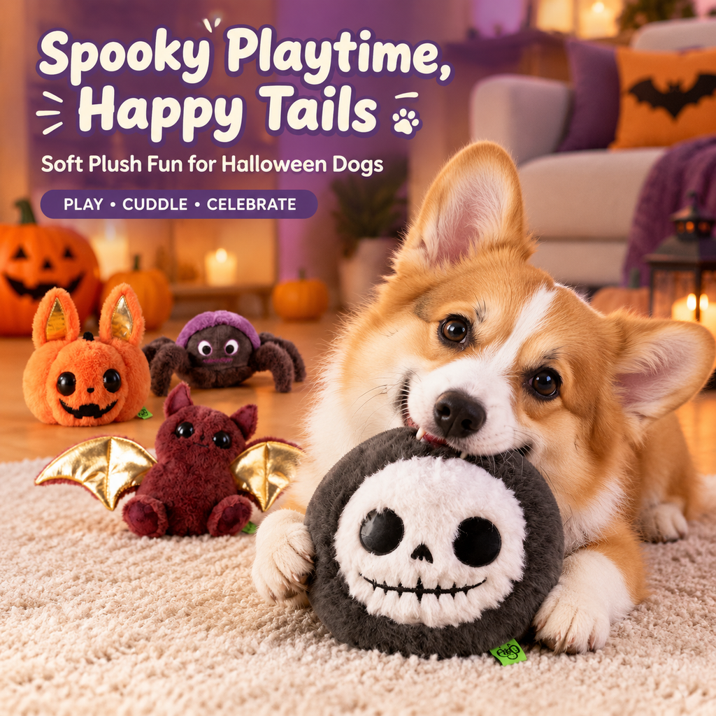 Halloween Plush Squeaky Dog Toy Set, 4 Pack Cute Character Pet Chew Toys - Skull, Spider, Pumpkin Bunny & Bat