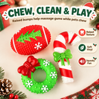 Christmas Pet Chew Toy Set, 3 Pack Squeaky Soft Latex Dog Toys with Bumpy Teeth Cleaning Texture, Football, Wreath & Candy Cane Shapes