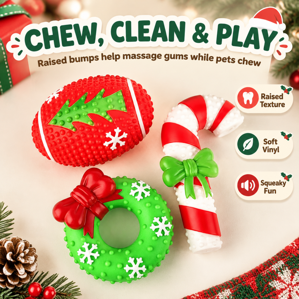 Lot de jouets à mâcher de Noël pour chiens, 3 jouets souples en latex avec couineur et texture à reliefs pour nettoyer les dents, formes de ballon de football américain, de couronne et de sucre d’orge