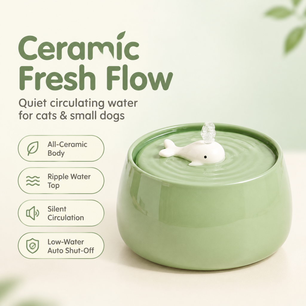 Whale Ceramic Pet Water Fountain, Automatic Circulating Water Dispenser for Cats & Small Dogs