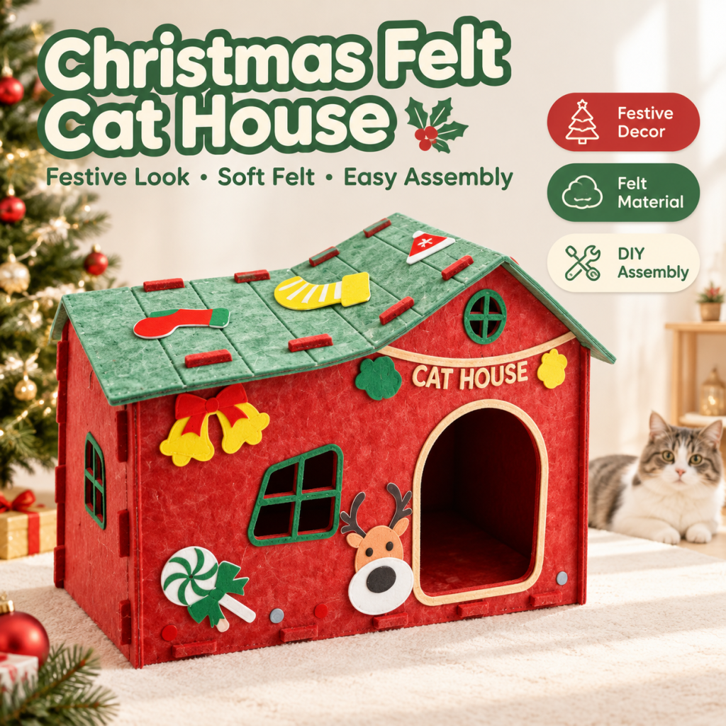Maison de Noël en feutrine pour chat, abri d’intérieur à assembler avec de jolies décorations de Noël