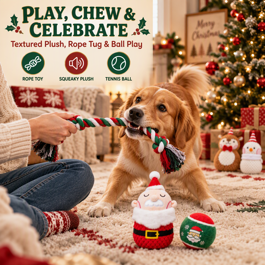 Festive Christmas Dog Toy Bundles, 3 Separate Sets of Santa, Reindeer & Snowman, Each Includes Rope, Squeaky Plush & Tennis Ball