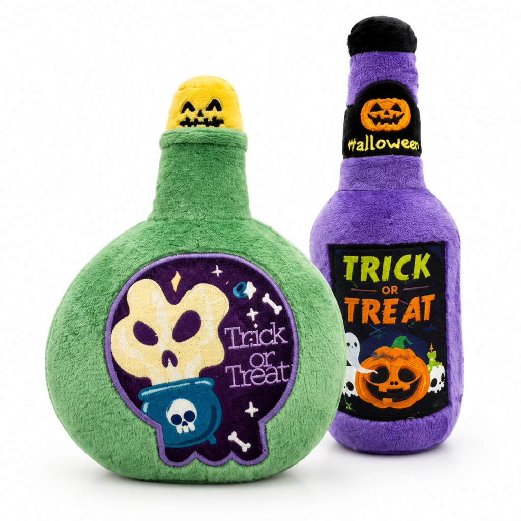 Jouet pour chien en peluche qui couine en forme de bouteille de vin d’Halloween, jouet à mâcher rembourré sur le thème de « des bonbons ou un sort », 2 modèles : bouteille de potion verte et bouteille de vin violette