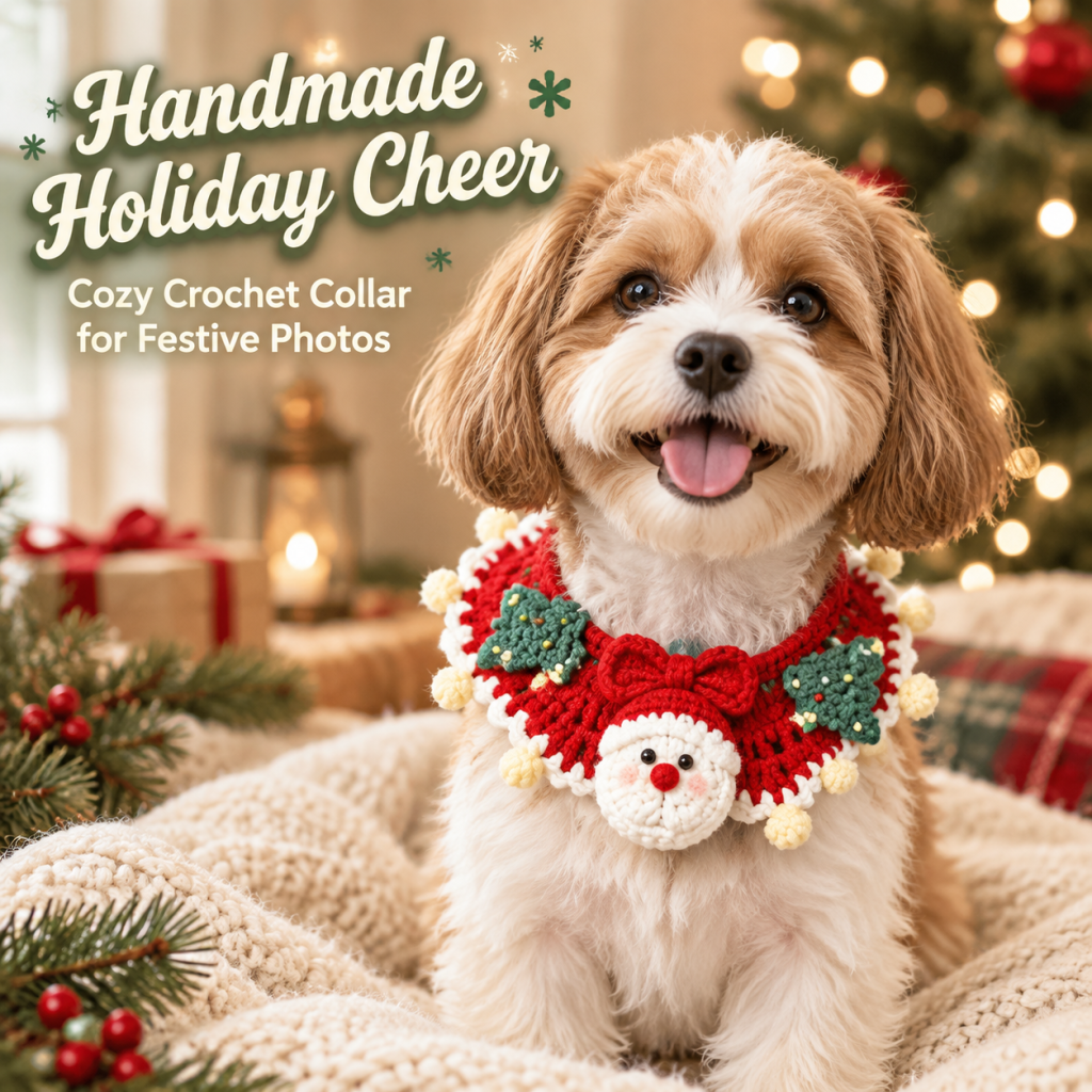 6 Styles Hand Crocheted Christmas Pet Collar, Adjustable Knit Holiday Neckwear for Cats & Dogs