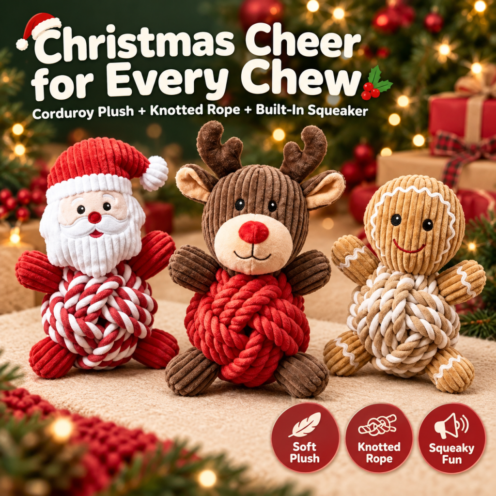 Christmas Knotted Rope Plush Dog Toy Set, 3 Pack Squeaky Corduroy Pet Chew Toys, Santa, Reindeer & Gingerbread Man