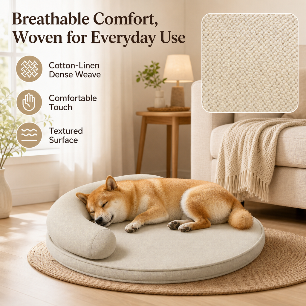 Breathable Cotton-Linen Pet Bed with Bolster