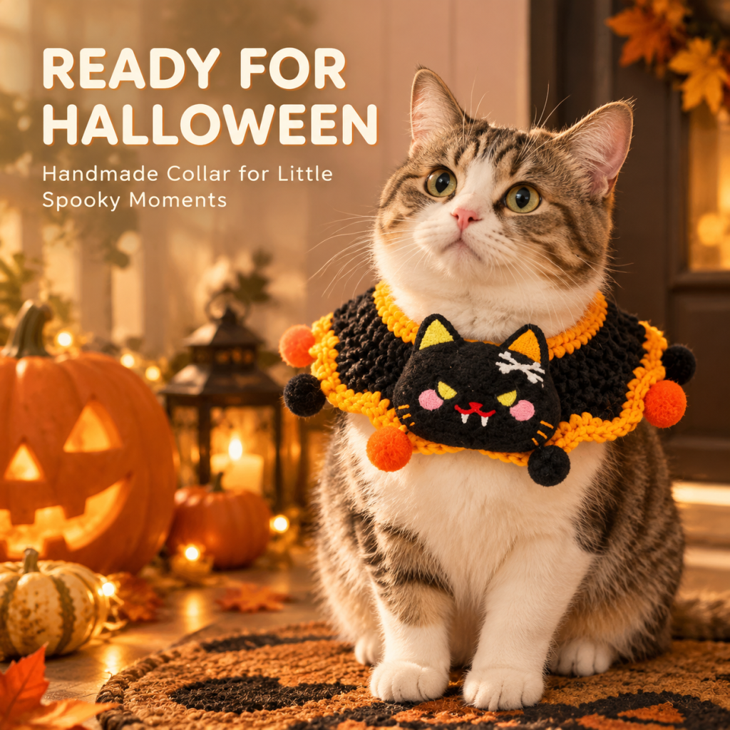 Halloween Hand Crocheted Pet Neck Collar, Spooky Character Pet Costume with Pom Pom Decor for Cats & Small Dogs