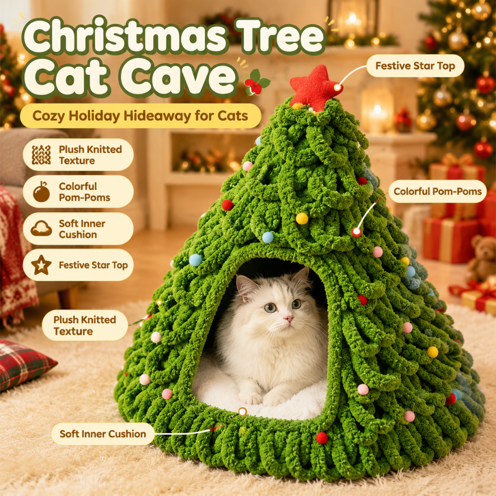 Cave pour chat en forme de sapin de Noël, nid douillet en maille avec pompons et décorations étoilées