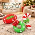 Christmas Pet Chew Toy Set, 3 Pack Squeaky Soft Latex Dog Toys with Bumpy Teeth Cleaning Texture, Football, Wreath & Candy Cane Shapes