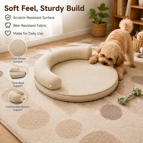 Breathable Cotton-Linen Pet Bed with Bolster