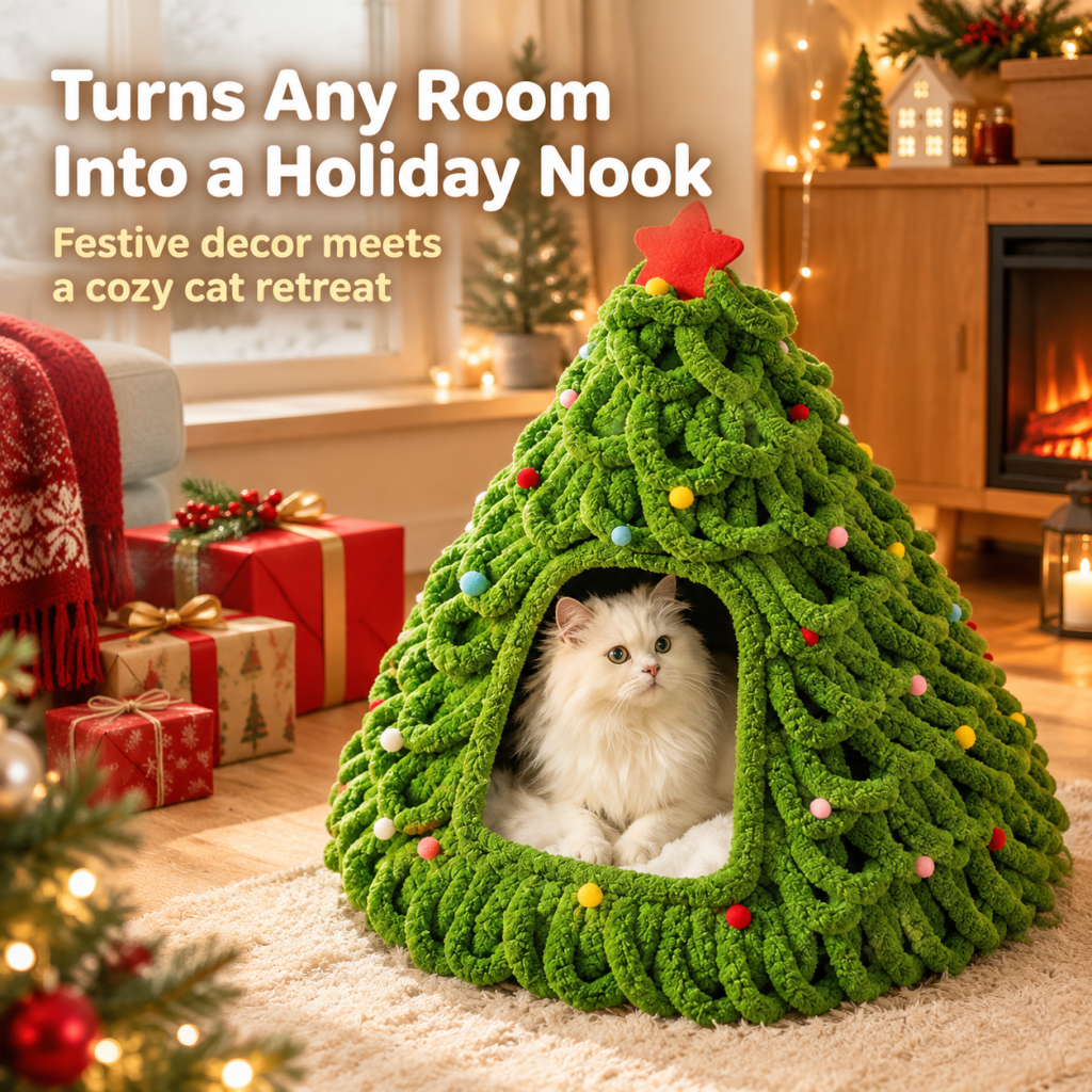 Cave pour chat en forme de sapin de Noël, nid douillet en maille avec pompons et décorations étoilées