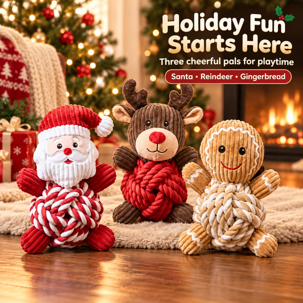 Christmas Knotted Rope Plush Dog Toy Set, 3 Pack Squeaky Corduroy Pet Chew Toys, Santa, Reindeer & Gingerbread Man