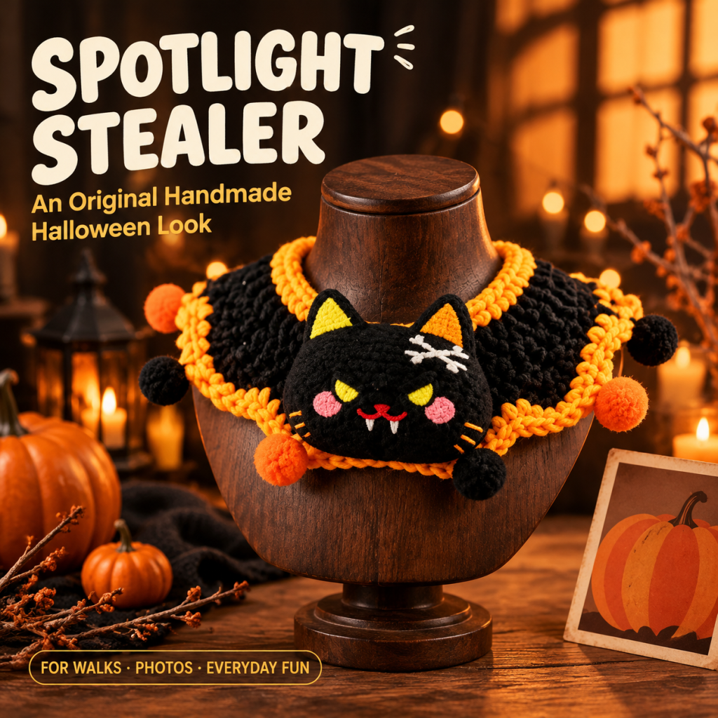 Collier de cou fait main au crochet pour animaux, costume d’Halloween à personnage effrayant avec pompons pour chats et petits chiens