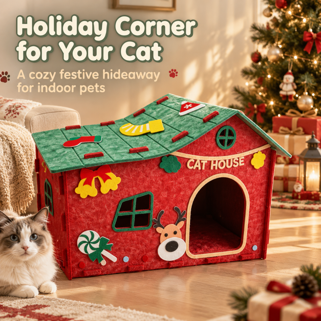 Christmas Felt Cat House, Assembleable Indoor Cat Shelter with Cute Xmas Decorations