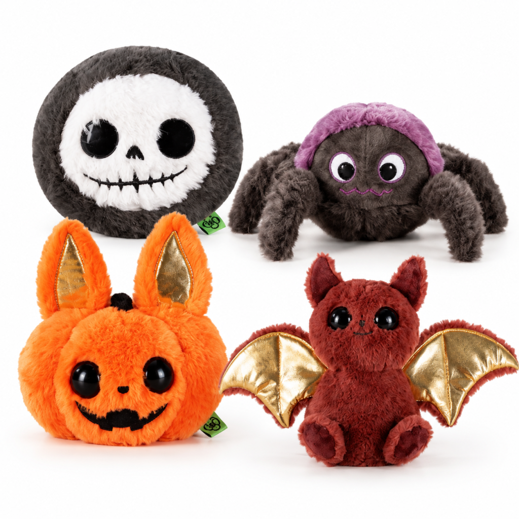 Lot de 4 jouets en peluche couineurs pour chien sur le thème d’Halloween, adorables personnages à mâcher pour animaux : tête de mort, araignée, lapin-citrouille et chauve-souris