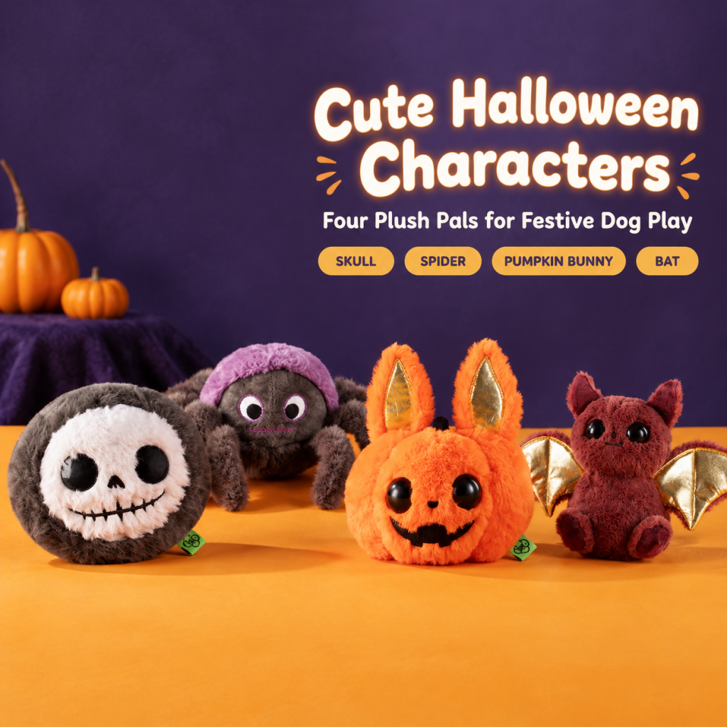 Halloween Plush Squeaky Dog Toy Set, 4 Pack Cute Character Pet Chew Toys - Skull, Spider, Pumpkin Bunny & Bat