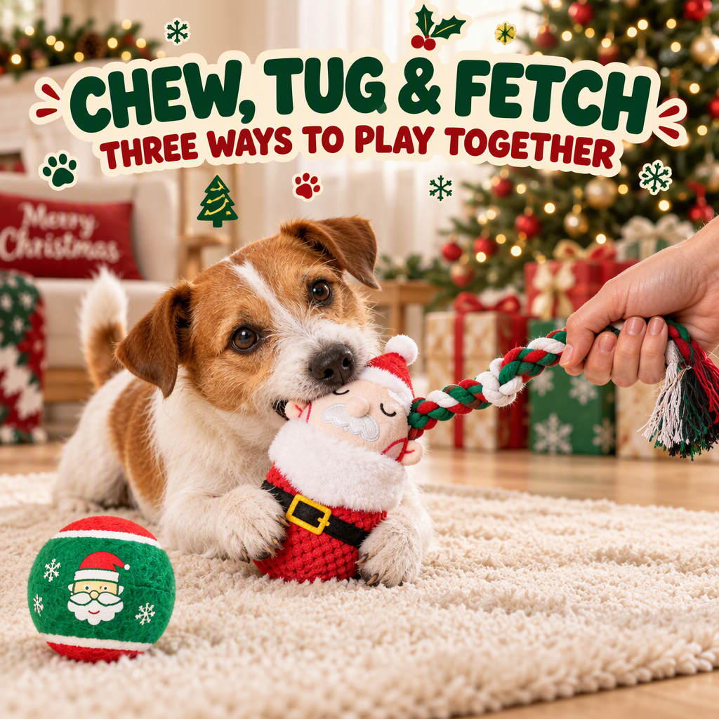 Festive Christmas Dog Toy Bundles, 3 Separate Sets of Santa, Reindeer & Snowman, Each Includes Rope, Squeaky Plush & Tennis Ball