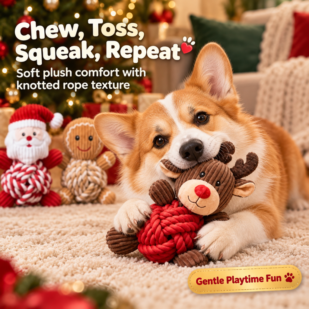 Lot de 3 jouets de Noël en peluche et en corde nouée pour chien, jouets à mâcher en velours côtelé avec couineur : Père Noël, renne et bonhomme en pain d’épices